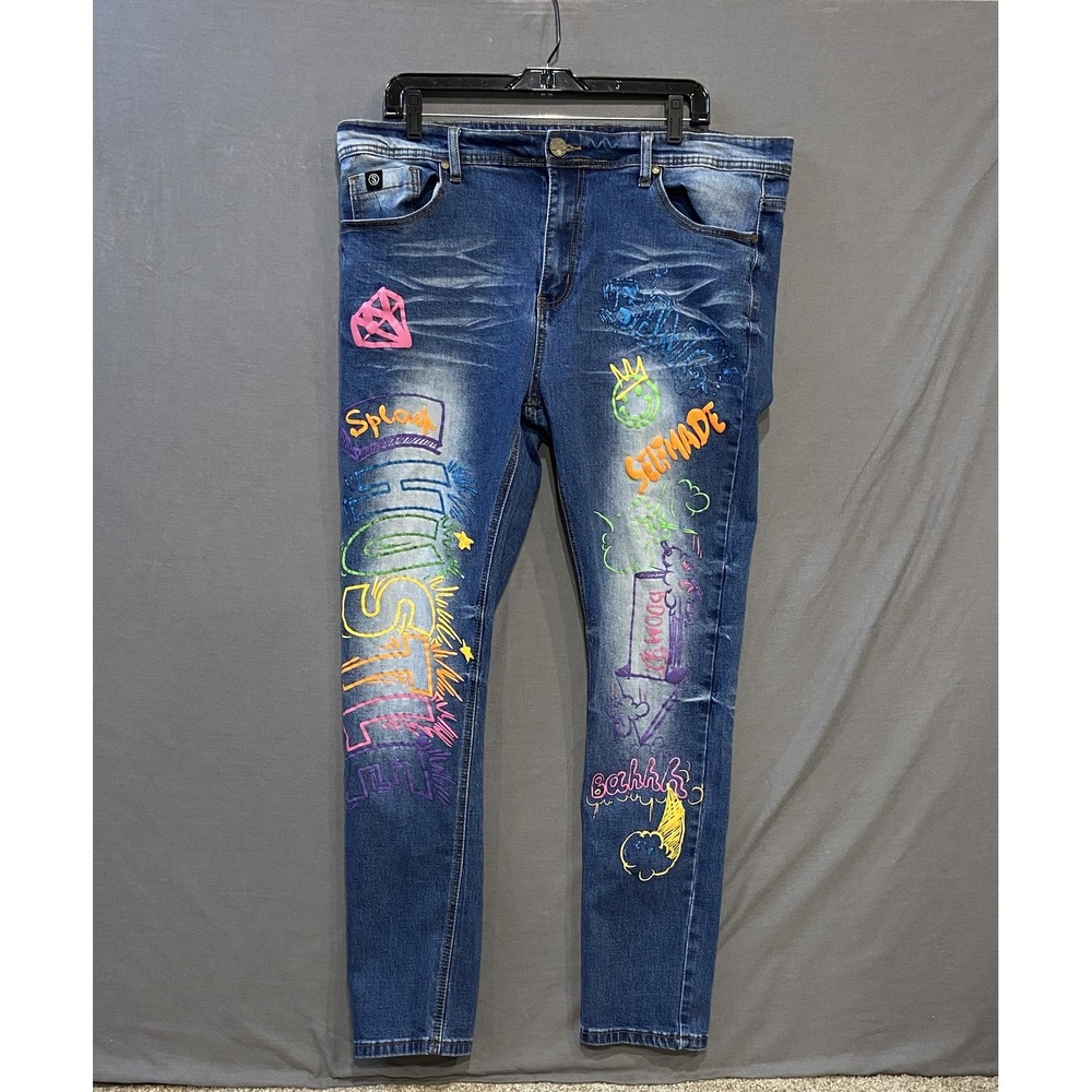 Switch Remarkable Jeans Mens 38x30 Blue Graffiti Embroidered Slim Taper Fit